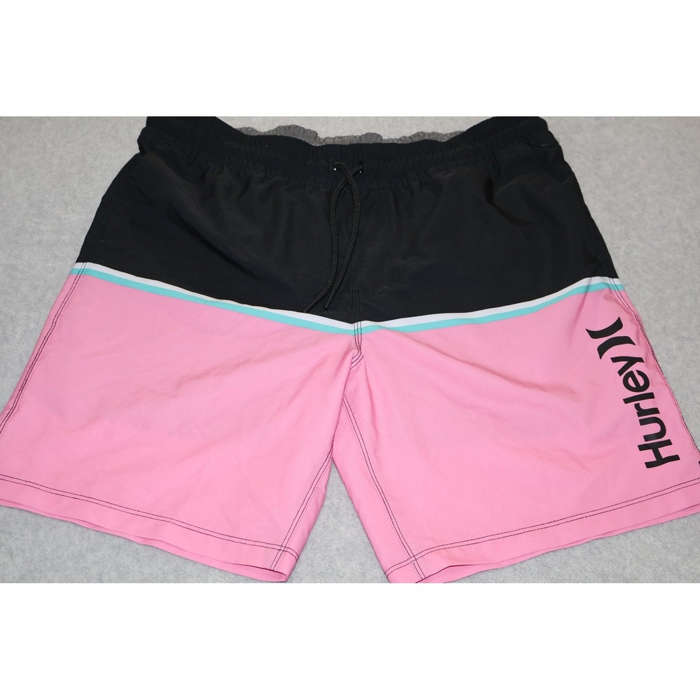 Hurley Board Shorts Mens Large Pink Black Colorblock Swim Lined Trunks 8" Inseam
